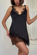 Glorol - Lace V-Neck Backless High Waist Patchwork Mini Dress