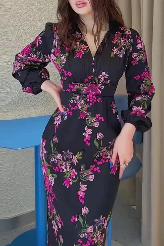 V-Neck Printed Long Sleeve Slim High Waist Maxi Dress