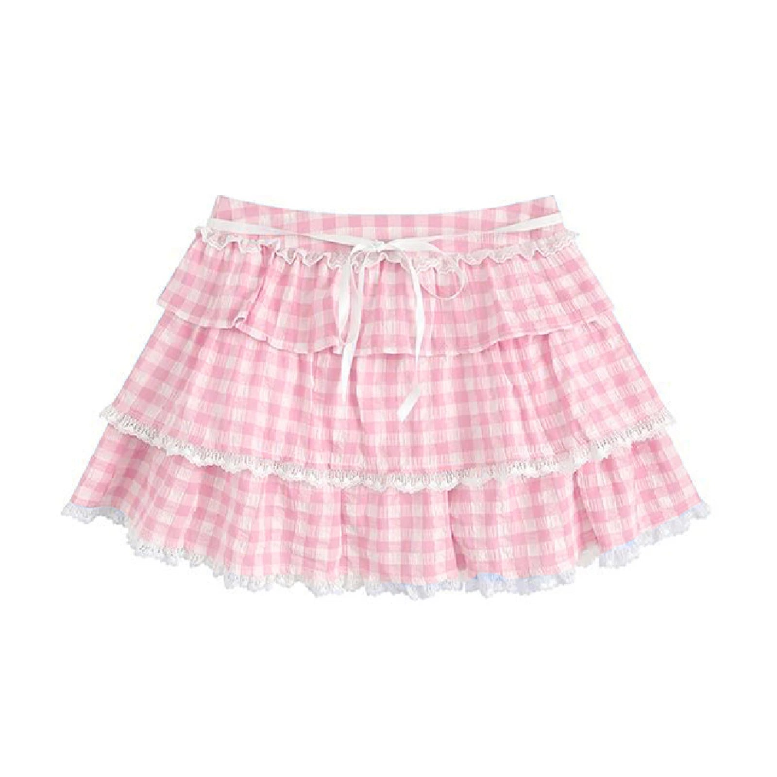 Glorol - A Line Plaid Print Tie-Up Waist Skirt