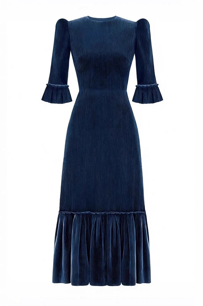 Glorol - Elegant Half Sleeve Pleated High Waist Slim Maxi Dress