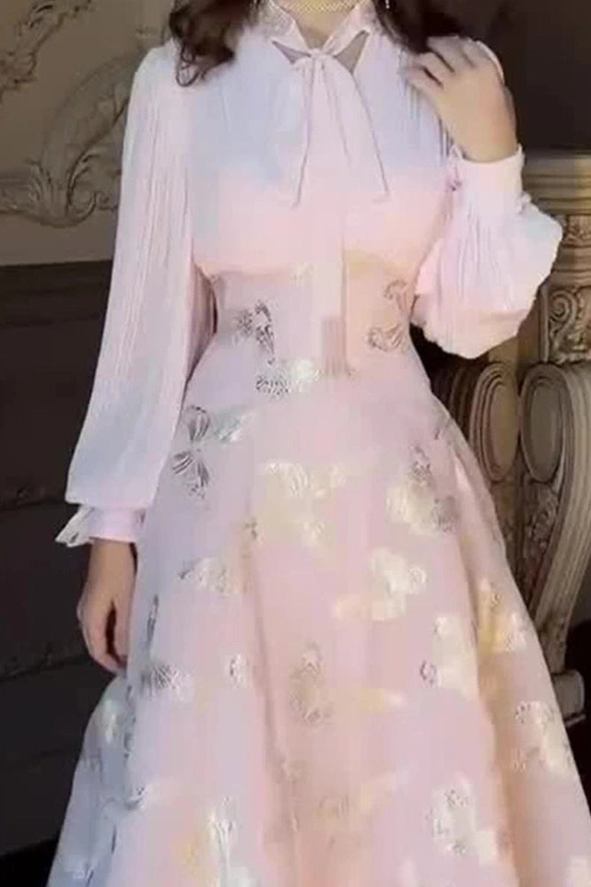 Glorol - Elegant High Waist Printed Long Sleeve Pleated Maxi Dress