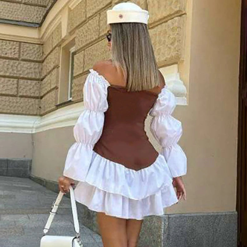 Glorol - Off Shoulder Pleated Patchwork Puff Sleeve Mini Dress