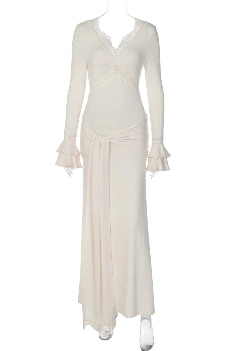 Glorol - Lace V-Neck Sleeves Patchwork Slim Maxi Dress