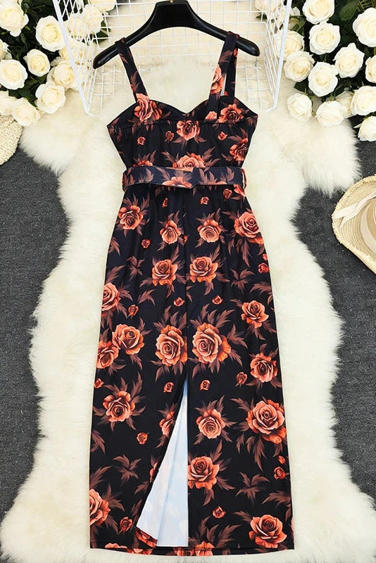 Glorol - Backless Printed Slim Sleeveless High Waist Midi Dress