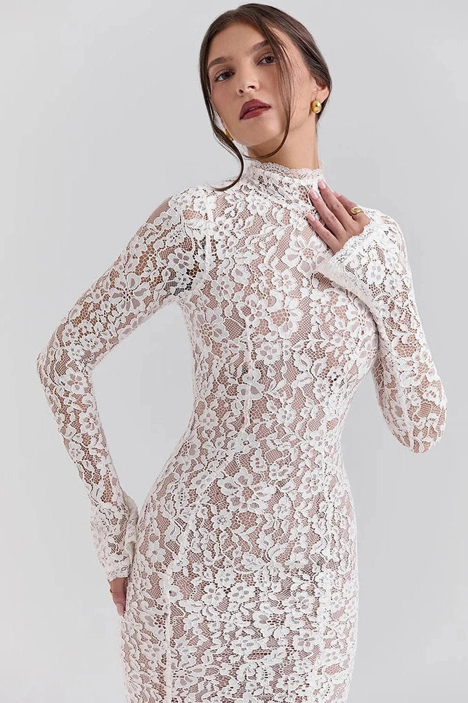 Glorol - Lace Long Sleeve High Waist Bodycon Midi Dress