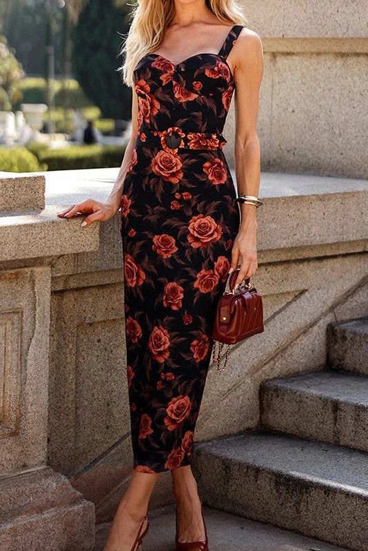 Backless Printed Slim Sleeveless High Waist Midi Dress