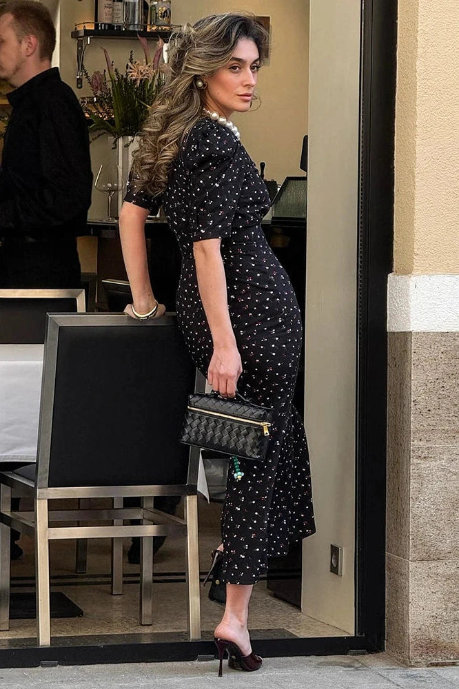 Glorol - Elegant Printed Puff Sleeve V-Neck High Waist Maxi Dress