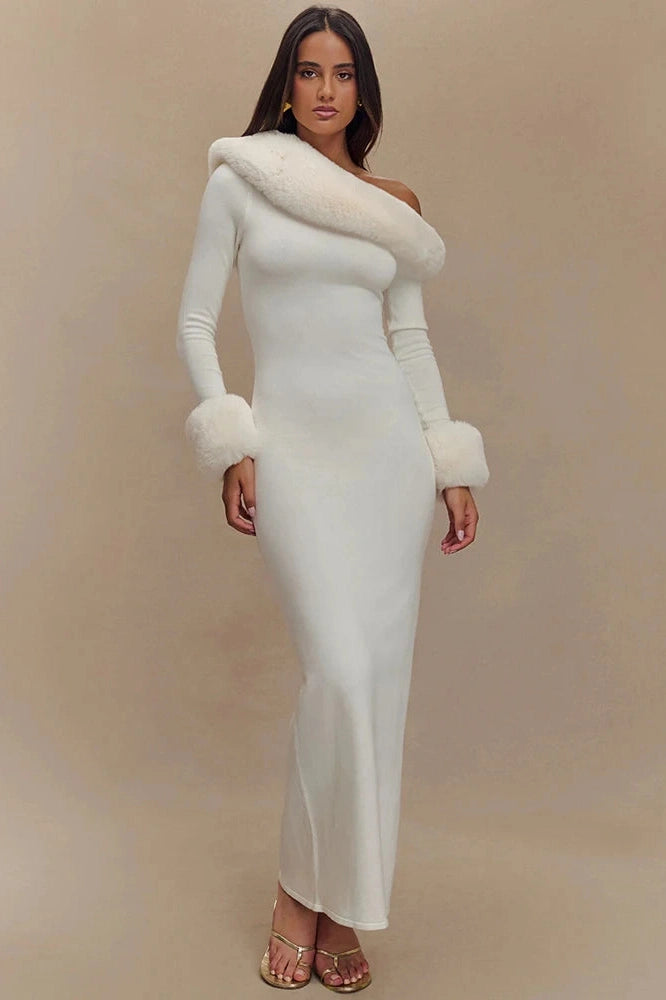 Glorol - Backless Long Sleeve One Shoulder High Split Maxi Dress