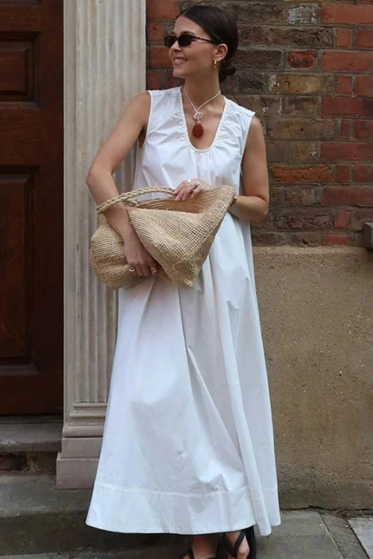 Glorol - Sleeveless Cotton U-Neck Loose Maxi Dress