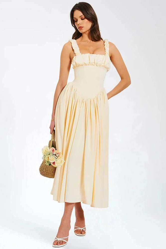Glorol - Elegant Square Collar Sleeveless Backless Midi Dress