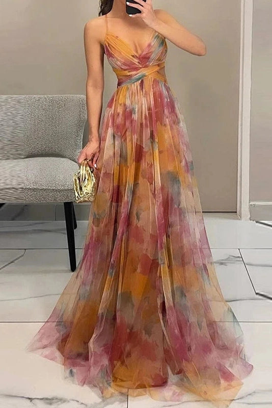Glorol - Elegant Print Pleated V Neck High Waist Backless Maxi Dress