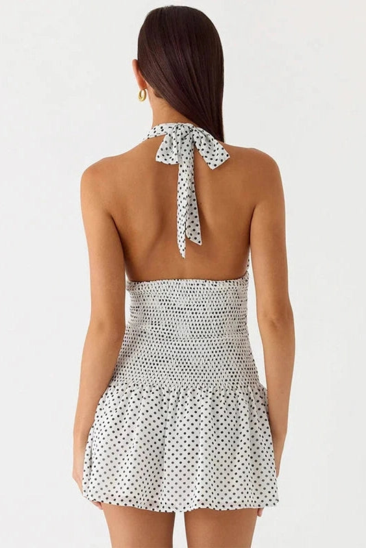 Glorol - Polka Dot Lace-Up Pleated Waist Backless Mini Dress