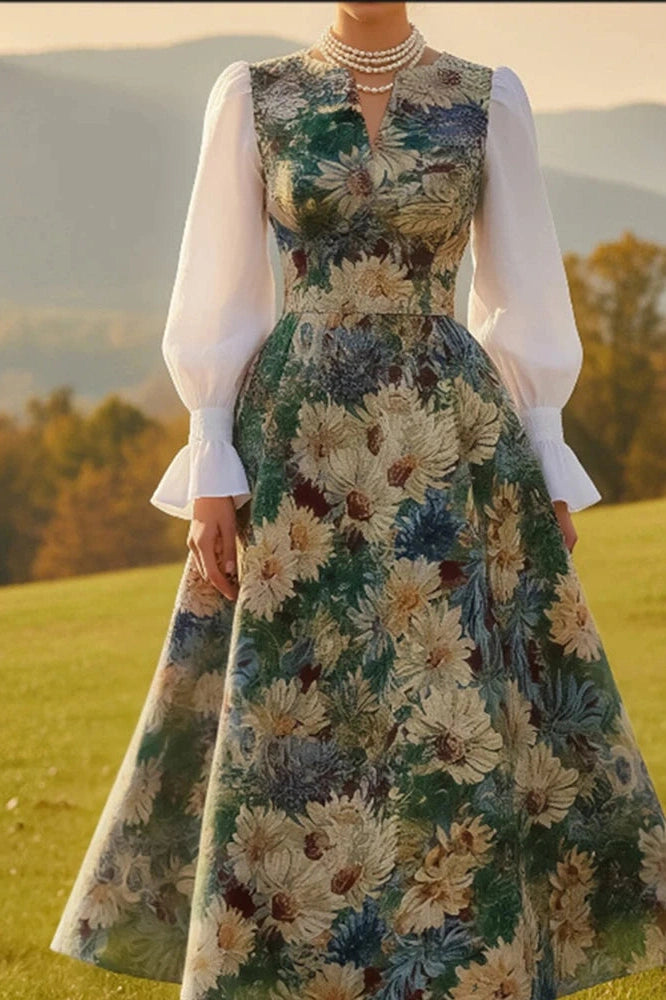 Glorol - Elegant High Waist Pleated V-Neck Printed Midi Dress