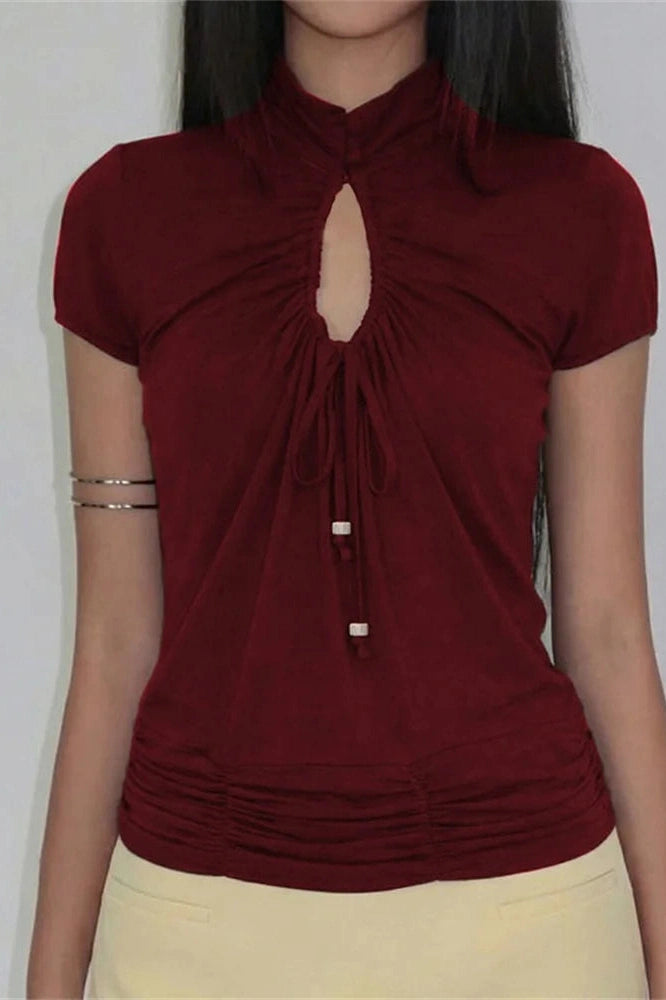 Glorol - Hollow Out Lace-Up Pleated Short Sleeve Top