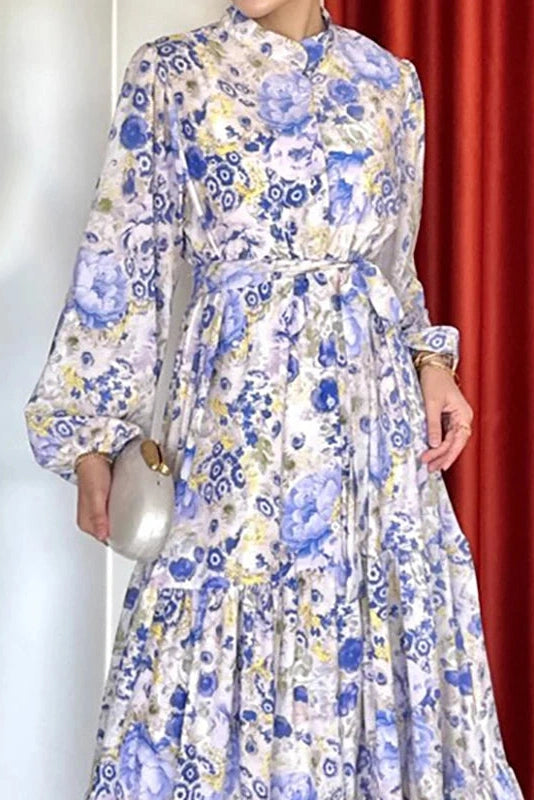 Glorol - Printed Pleated Long Sleeve High Waist Button A-Line Maxi Dress