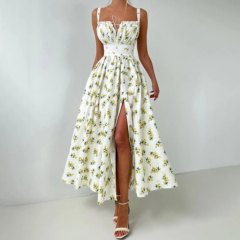 Glorol - Printed Lace Up High Waist Maxi Dress
