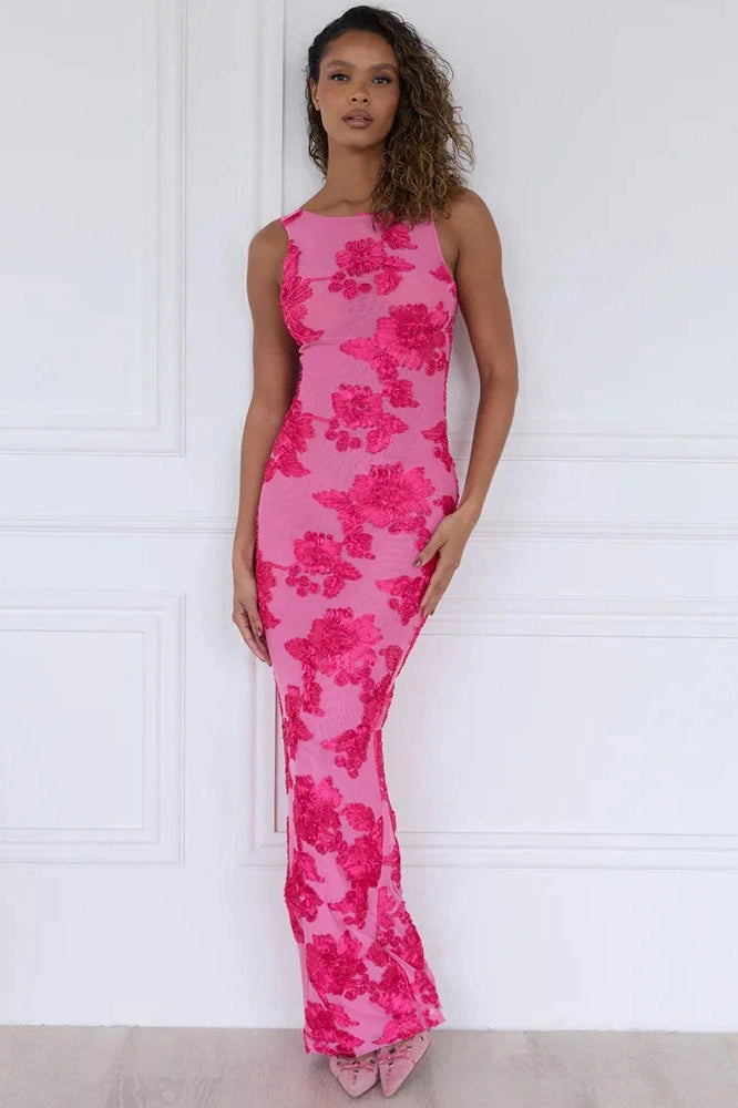 Glorol - Elegant Floral Print Embroidered Maxi Dress