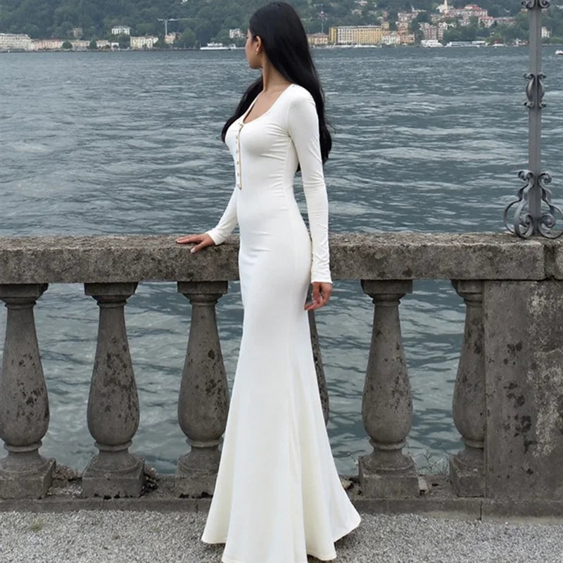 Glorol - Button Square Neck Long Sleeve Maxi Dress