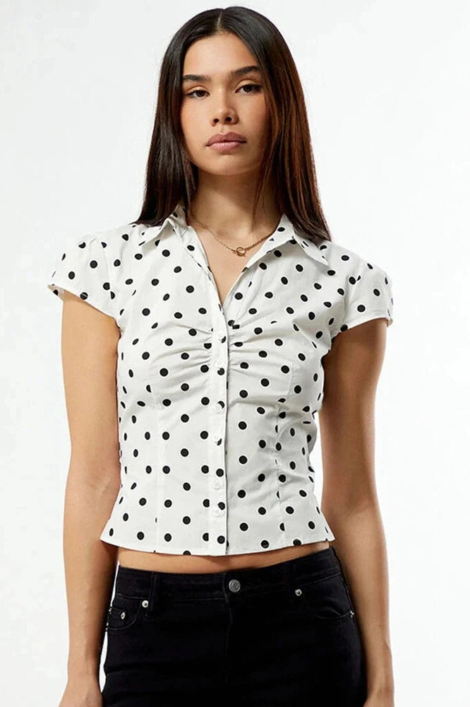 Glorol - Polka Dot Short Sleeve Single-Breasted Lace-Up Top