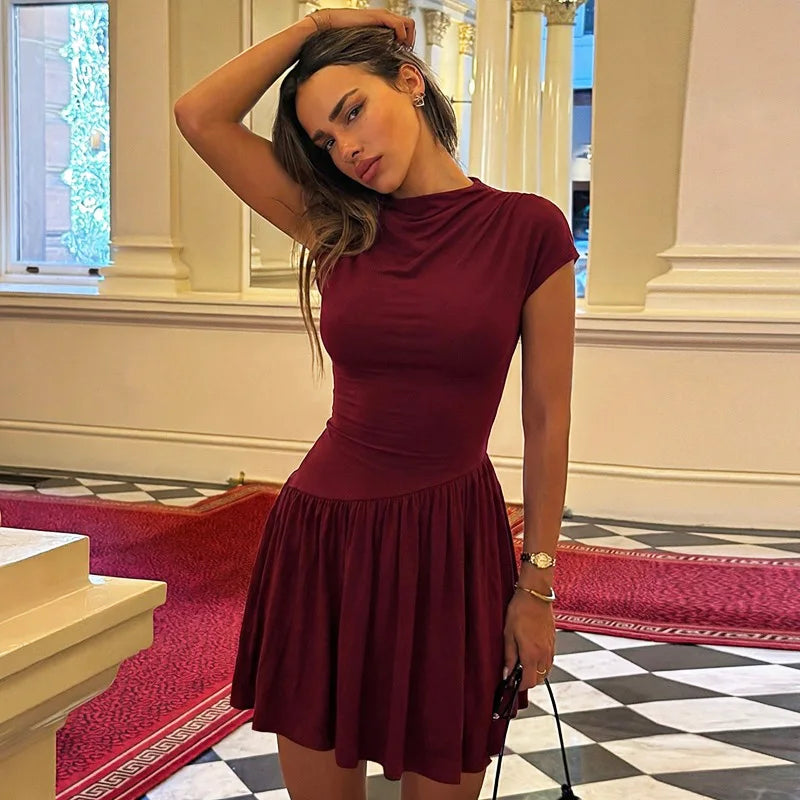 Glorol - Lace Up Patchwork Elegant Round Neck Mini Dress
