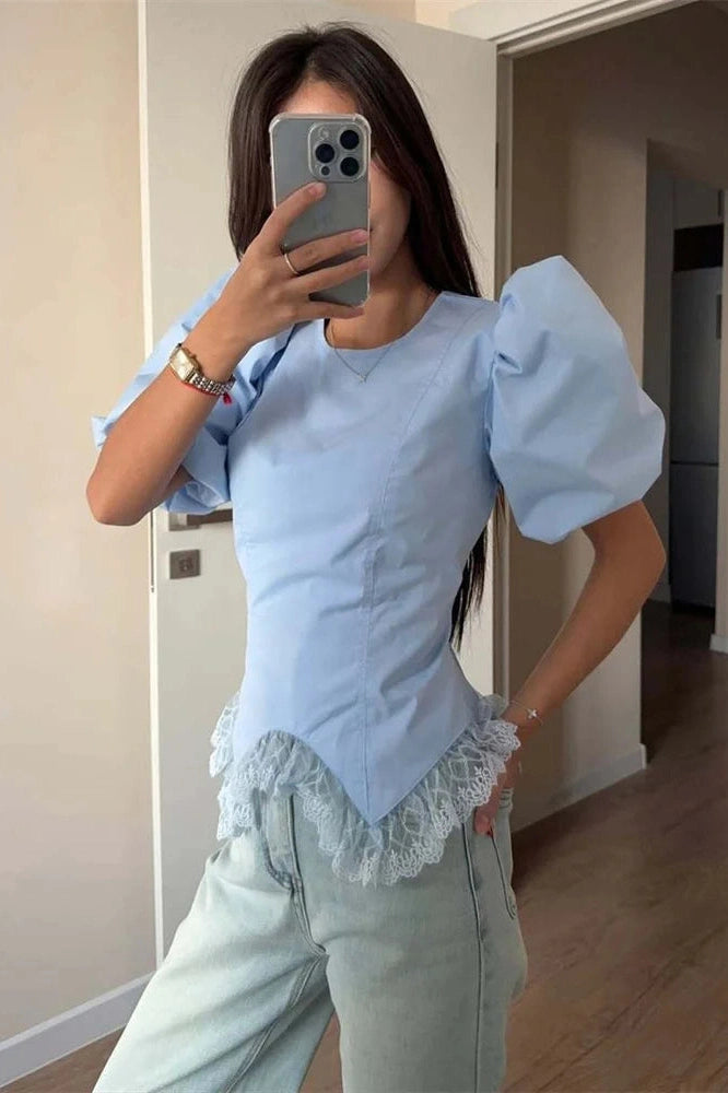 Glorol - Lace-Up Short Sleeve Patchwork Slim Top