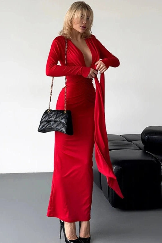Glorol - Elegant Pleated V-Neck Maxi Dress