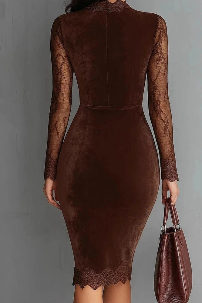 Glorol - Lace Hollow Out See-Through Sleeve Slim High Waist Midi Dress