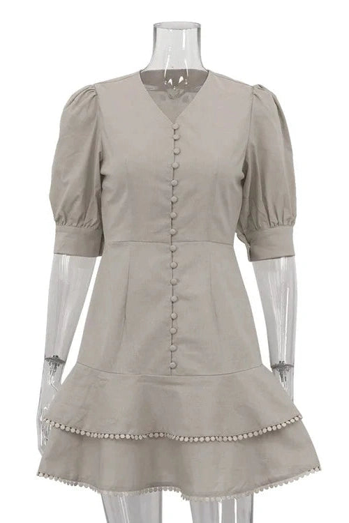 Glorol - Lantern Sleeve A-Line V-Neck Single-Breasted High Waist Mini Dress