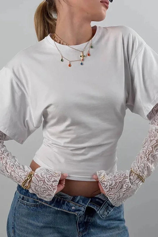 Glorol - Lace Long Sleeve Printed High Waist Top
