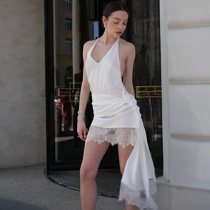 Glorol - Lace Patchwork V-Neck Bodycon Mini Dress