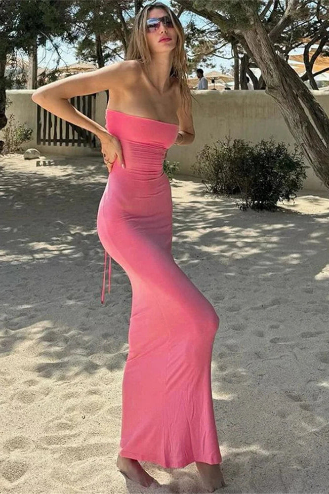 Glorol - Backless Lace-Up High Waist Patchwork Bodycon Maxi Dress