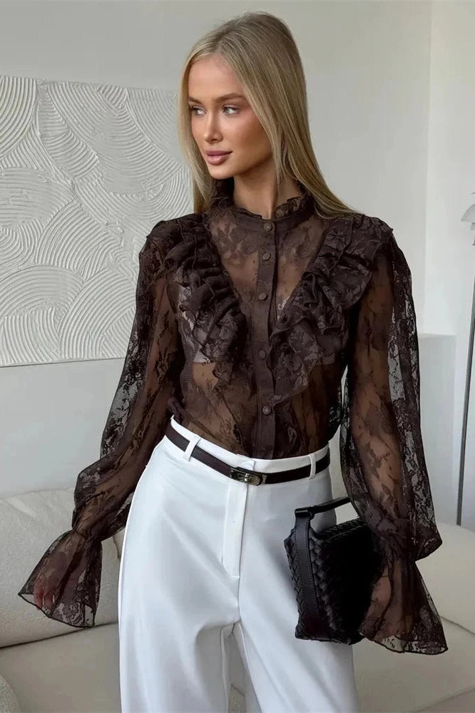 Glorol - Lace Printed See-Through Long Sleeve Top