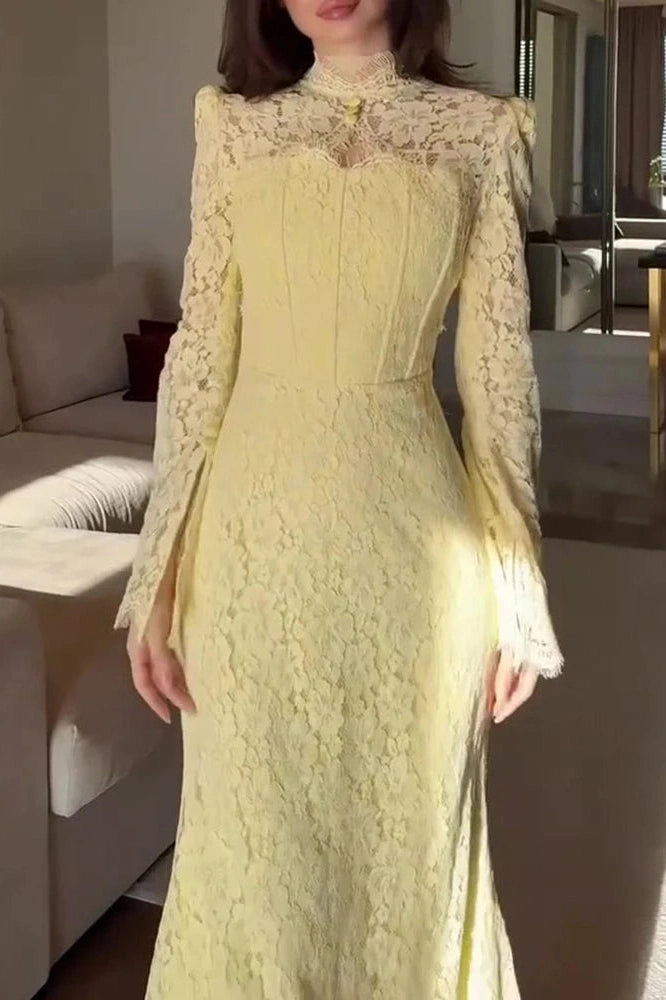 Glorol - Elegant Slim High Waist Lace Embroidery Maxi Dress