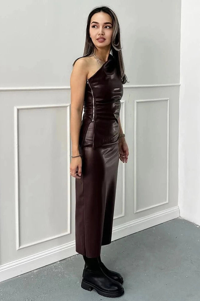 Glorol - Elegant PU Leather Slim Backless Irregular Midi Dress
