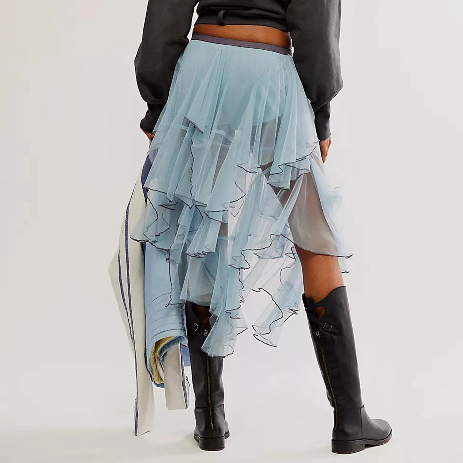 Glorol - Sheer Tulle Irregular Layered Elastic Skirt