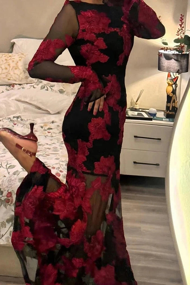 Glorol - Lace Embroidery Floral Fit See-Through Backless High Waist Maxi Dress