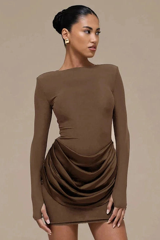 Glorol - Elegant Pleated Slim Round Neck Long Sleeve Mini Dress
