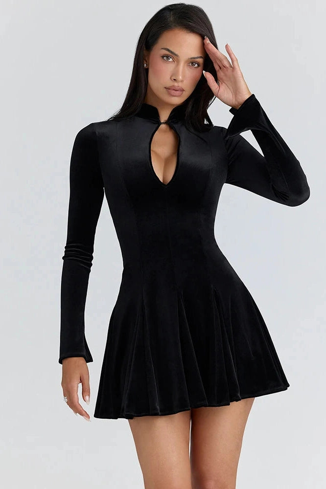 Glorol - Hollow Out Long Sleeve Velvet Turtleneck High Waist A-line Mini Dress