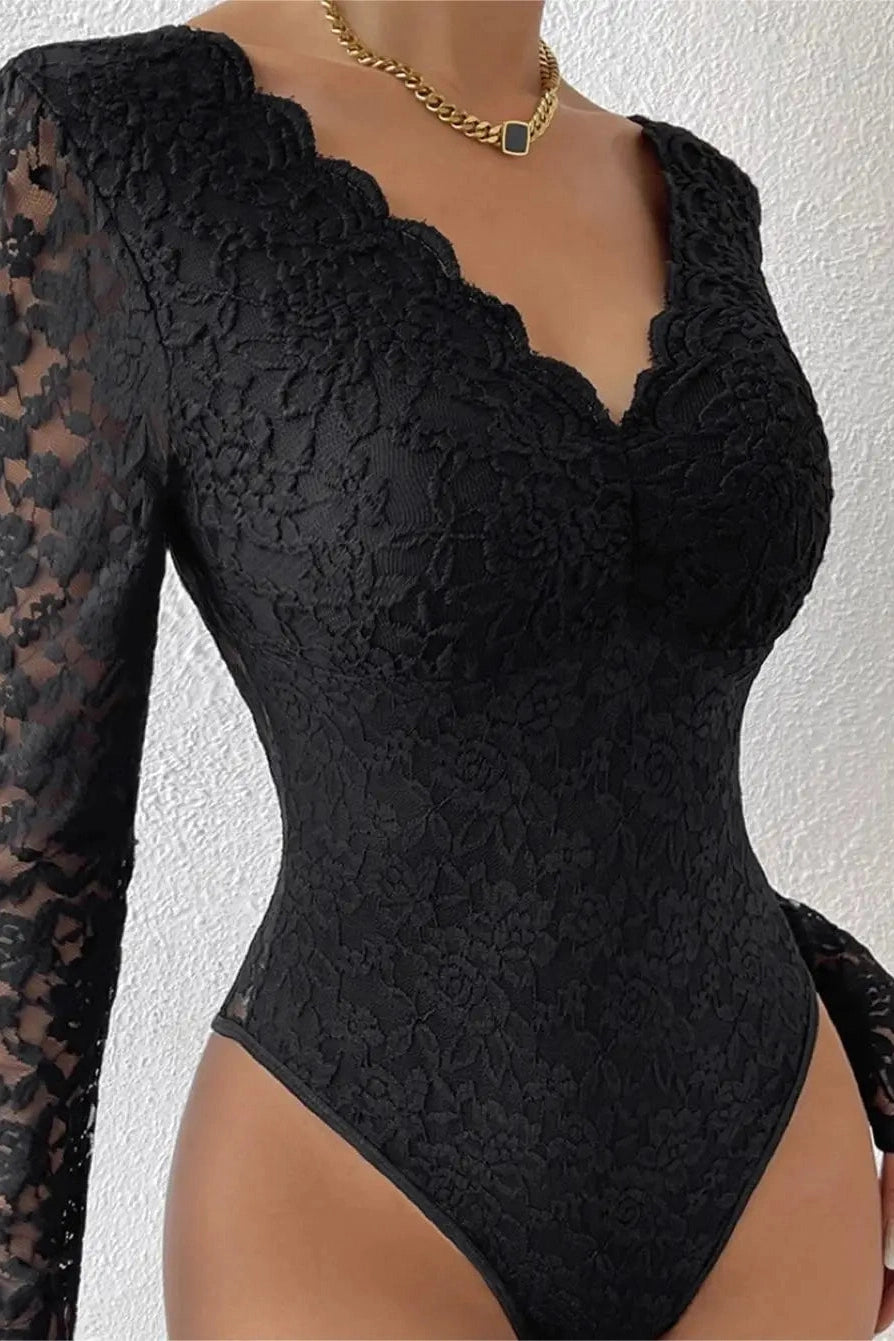 Glorol - Lace Long Sleeve Embroidery V-Neck Jumpsuit