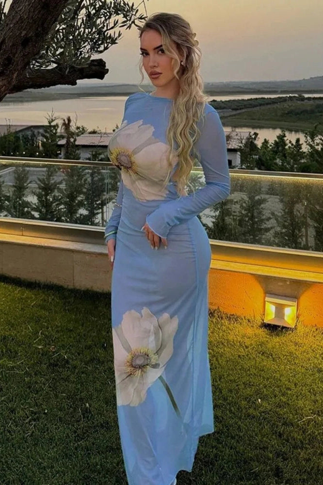 Glorol - See Through Printed Long Sleeve Lace-Up Backless Maxi Dress