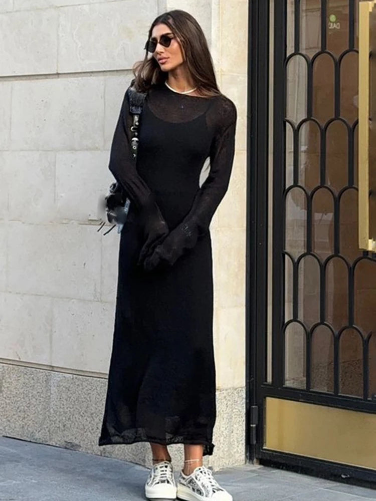 Glorol - See Through Loose Long Sleeve Knitted Maxi Dress