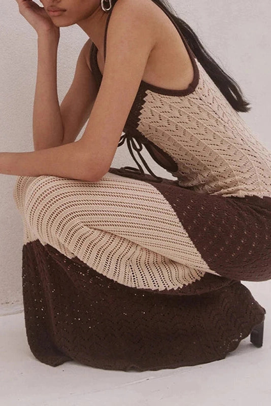 Glorol - Hollow Out Sleeveless Stripe Print V-Neck Maxi Dress