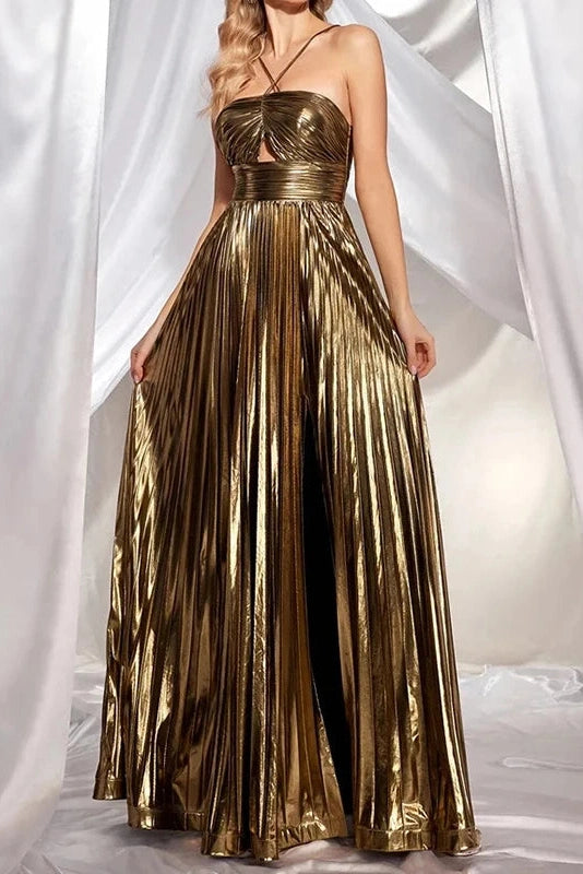 Glorol - Hollow Out High Waist Sleeveless Pleated Backless Maxi Dress