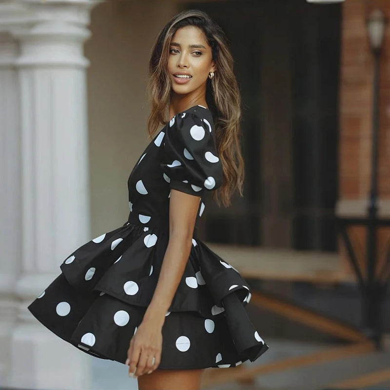 Glorol - Deep V Neck Printed Puff Sleeve  A-Line Mini Dress