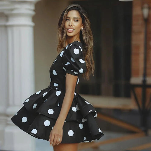 Glorol - Deep V Neck Printed Puff Sleeve  A-Line Mini Dress