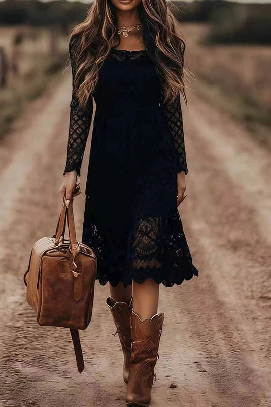 Glorol - Lace Embroidery U-Collar Long Sleeve High Waist Midi Dress