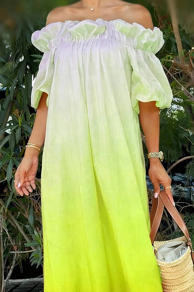 Glorol - Off-Shoulder Pleated Loose Slash Collar Printed Maxi Dress