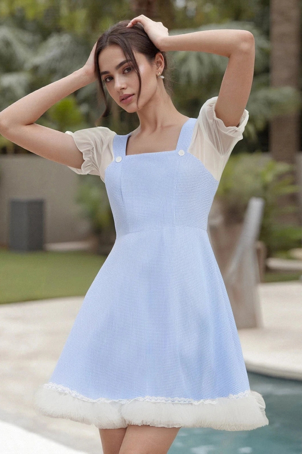 Glorol - Plaid Square Neck Short Sleeve A-Line Mini Dress