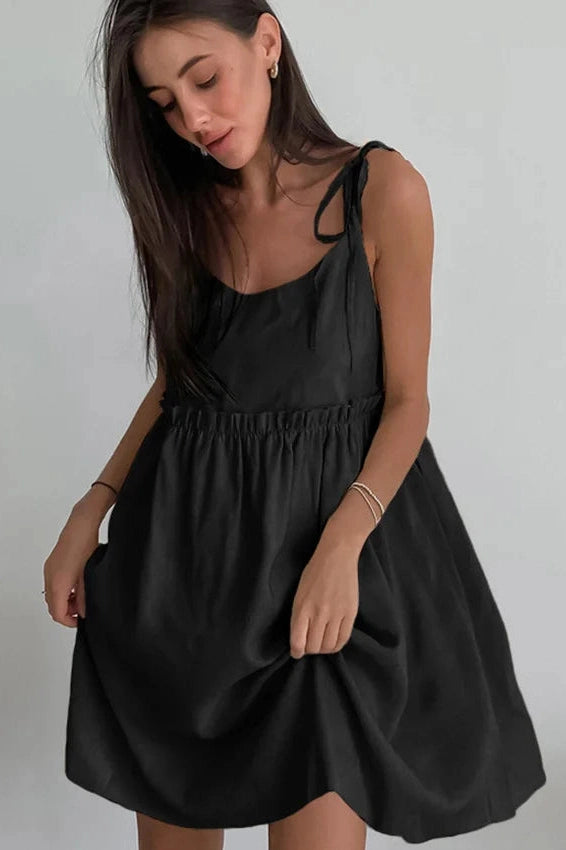 Glorol - Spaghetti Strap Loose Cotton Lace Up Mini Dress