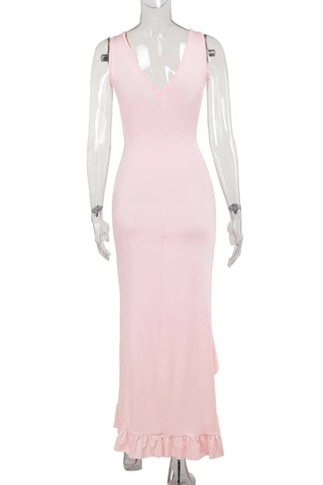 Glorol - Elegant Sleeveless Deep V Neck Backless High Split Maxi Dress